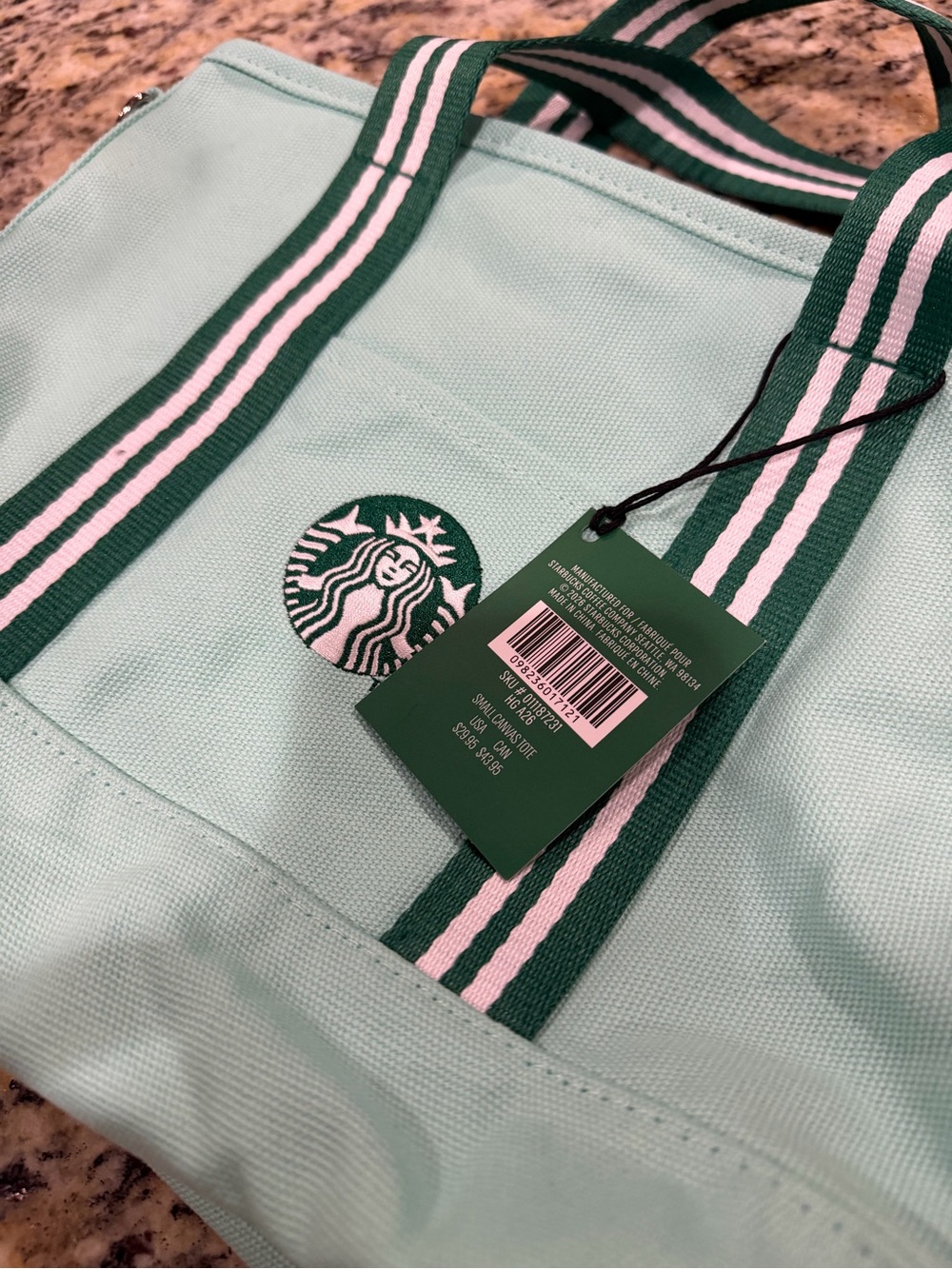 NWT Starbucks Mint Green Blue Canvas Tote Bag Dark Green Straps Zipper Road Trip - Picture 4 of 8